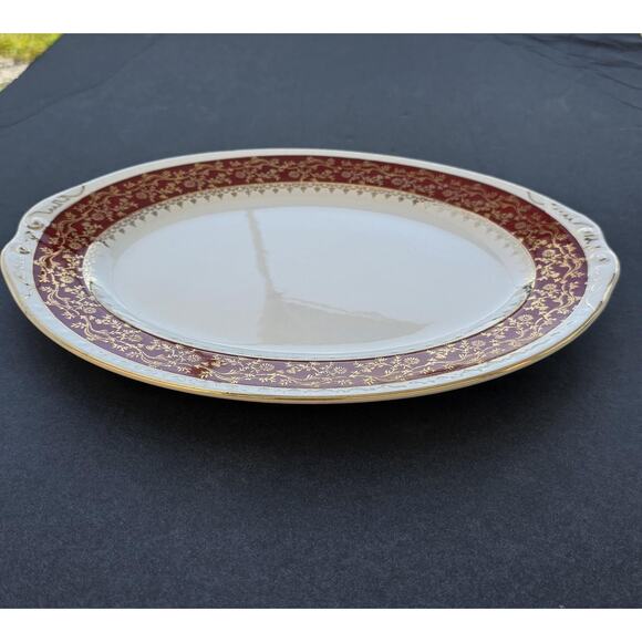Vintage Craftsman Dinnerware Oval Platter Red Gold Floral 13" USA 18K Carat Gold - Picture 2 of 9